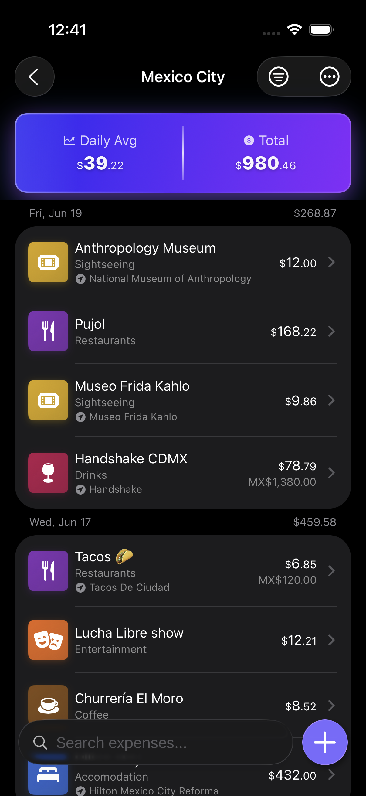TripCache expense list for a Mexico City trip